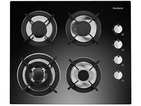 Placa de Gas Corberó CPCGY2304N 60 cm, 4 Quemadores con Zona Wok, 7.8 kW, Cristal Negro, Parrillas de Hierro Fundido, Gas Butano/Natural