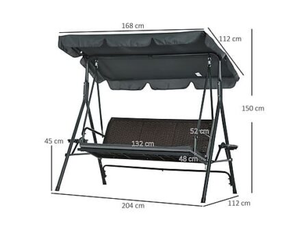 Columpio de Jardín OUTSUNNY 3 Plazas con Toldo Reclinable, Ratán PE y Acero, Cojín y Bandejas, Gris Oscuro