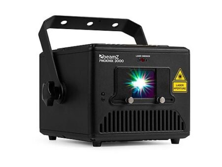 Proyector láser RGB BeamZ Phoenix 3000, 3W, Rojo Verde Azul, DMX, Modo Automático y Sonido, Seguridad, para Eventos y Clubs