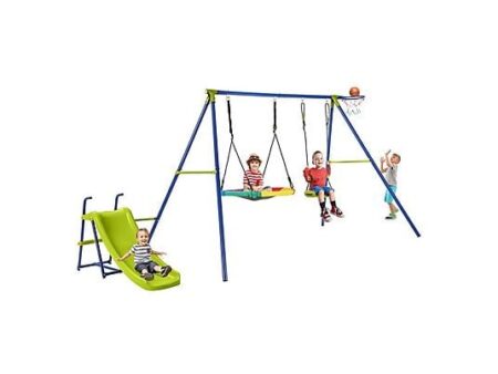 Columpio Infantil 4 en 1 NORTHIO Multicolor con Tobogán, Platillo, Columpio en U y Aro de Baloncesto, 350x151x171 cm