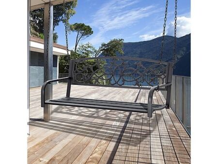 Columpio de Jardín OUTSUNNY 2 Plazas Negro, Banco Colgante de Acero con Cadenas, 127x59,5x52 cm, Capacidad 240 kg