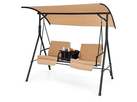Columpio de Jardín NORTHIO 2 Plazas con Toldo Ajustable, Mesa y Bolsa Térmica, Metal y Poliéster, Marrón