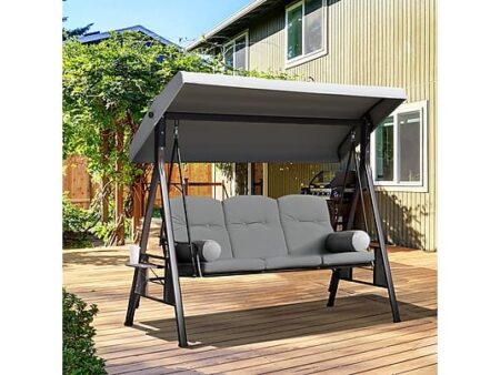 Columpio de Jardín OUTSUNNY 3 Plazas con Toldo y Bandejas Laterales 206x116x183 cm, Metal y Poliéster, Gris