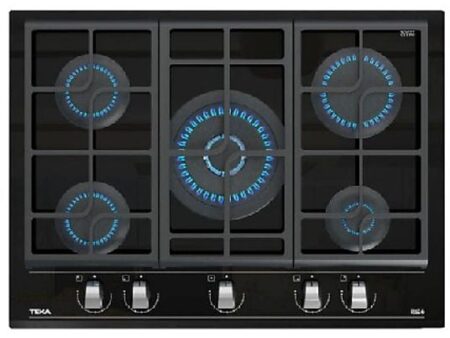 Placa de Gas Teka GZC 75330 XBN 70 cm, 5 Quemadores, Gas Natural, ExactFlame, Parrillas Hierro Fundido, Cristal Negro
