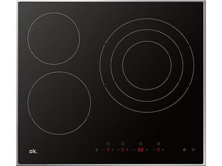 Placa Vitrocerámica ok. OBH 2611-1, 3 Zonas, Zona Grande 30 cm, 59x52 cm, Negro, Control Táctil, Apagado Automático, Indicador Calor Residual
