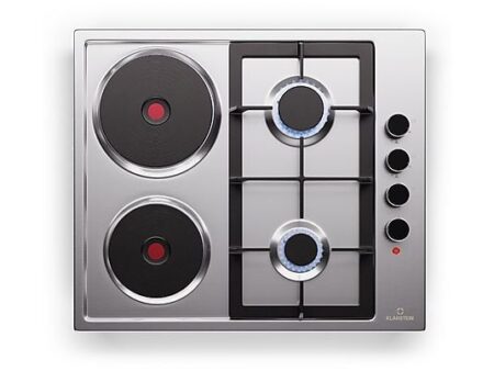 Placa Mixta Gas + Eléctrica Klarstein MultiChef 4, 4 Zonas (2 Gas + 2 Eléctricas), 6300 W, Encendido Automático, 58 cm, Acero Inoxidable
